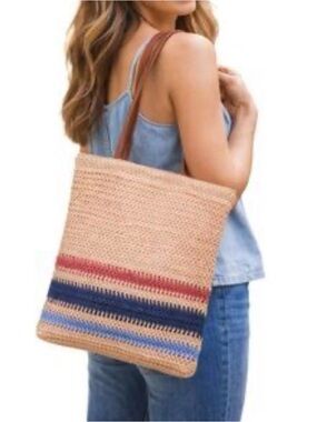 Woven Stripe Tote Bag in Beige with Blue & Red Accents NWT